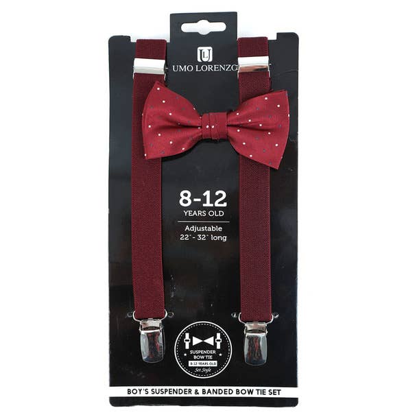 Boy's Burgundy Clip-on Suspender & Dots Bow Tie Set