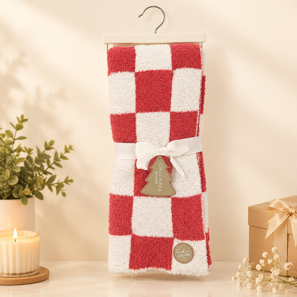 Terry Cloth Soft Checked Red & White Throw Blanket