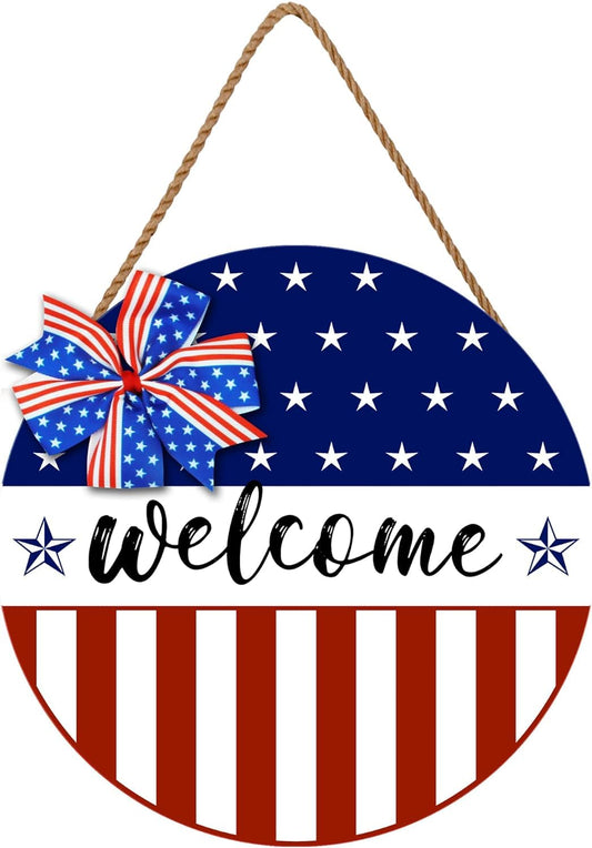 Independence Day Wreath Patriotic Stars American, 4th of July Door Hanger- Welcome