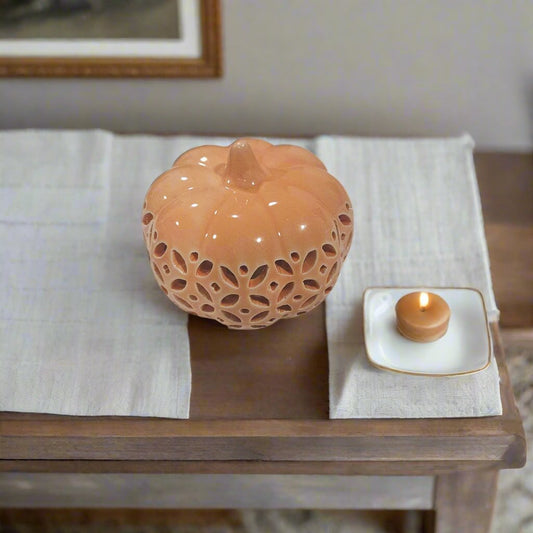 Lighted decorative ceramic pumpkin