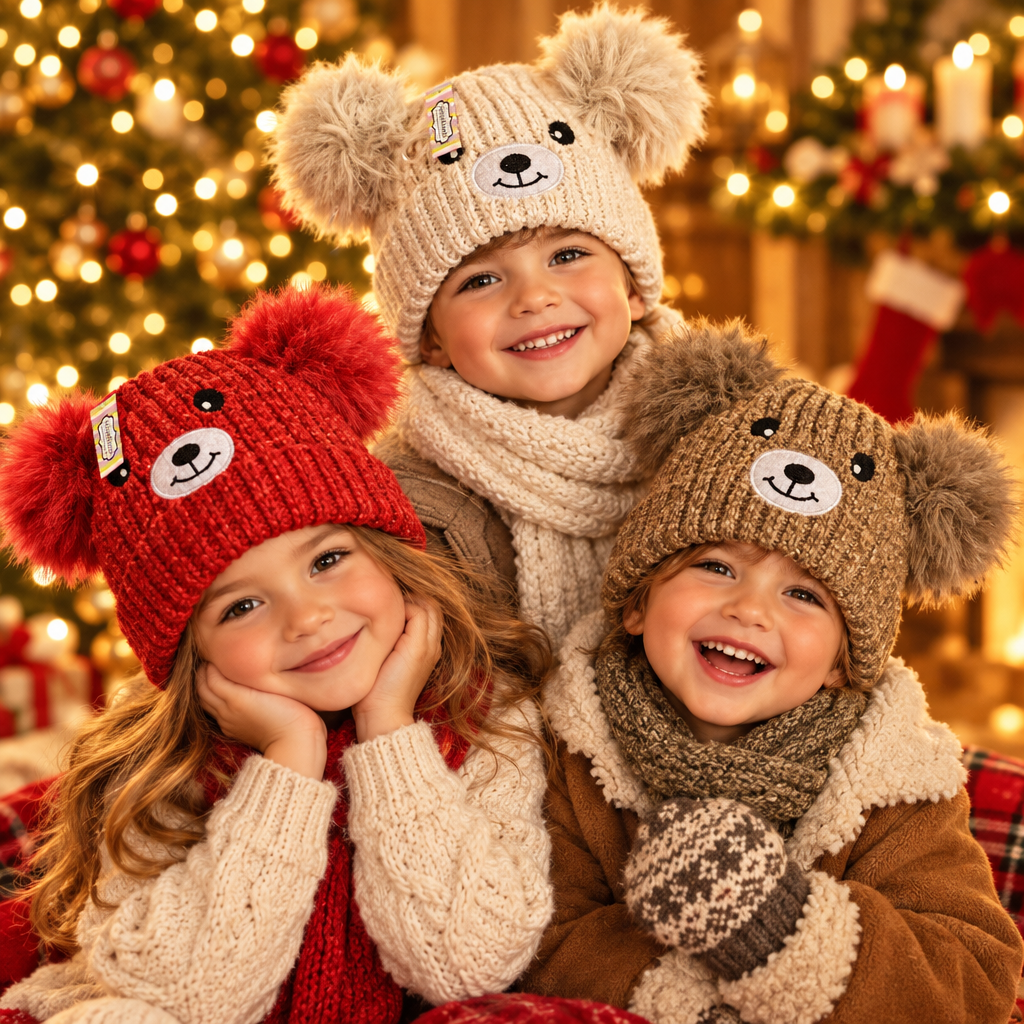 Kids Bear Pom Pom Knit Beanie