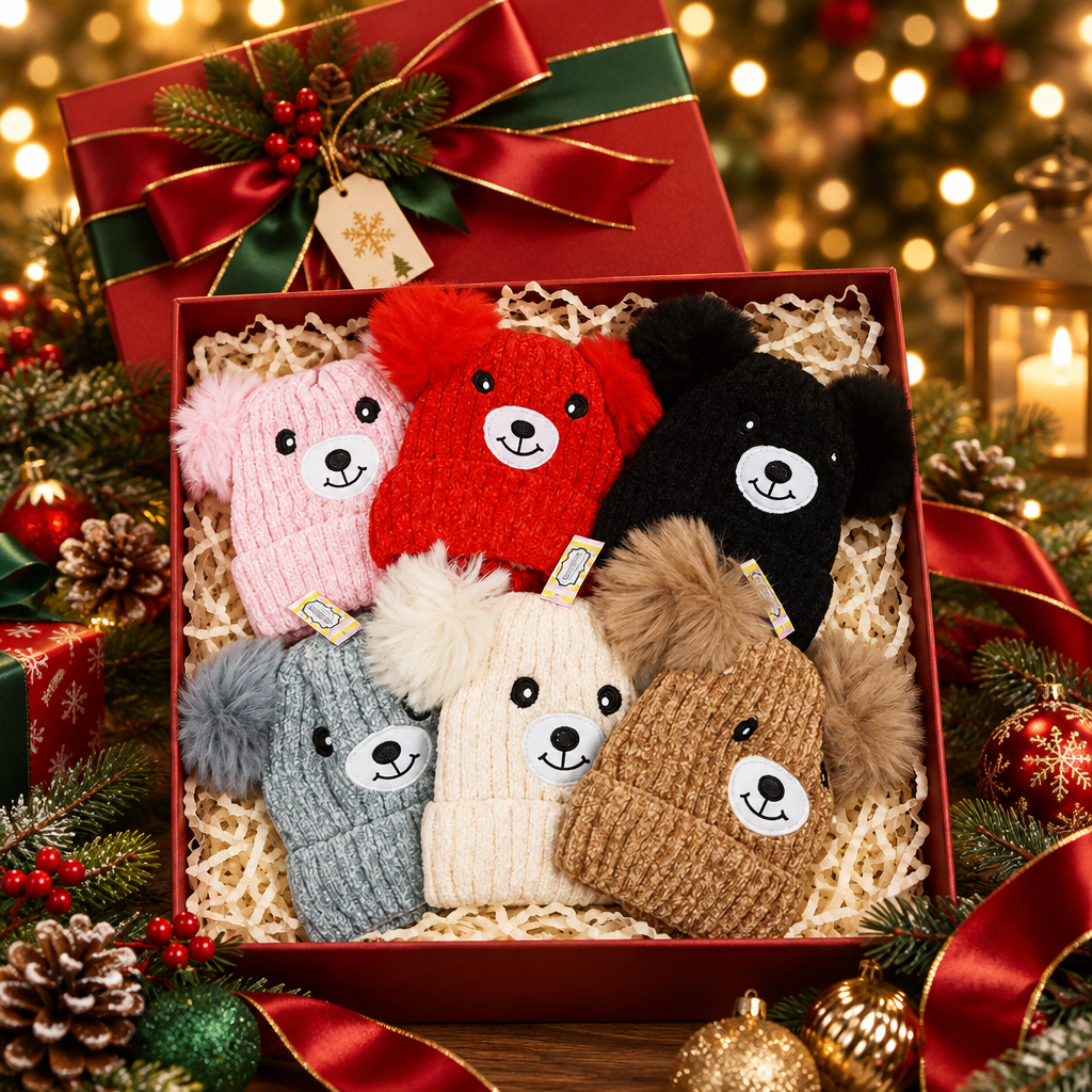 Kids Bear Pom Pom Knit Beanie