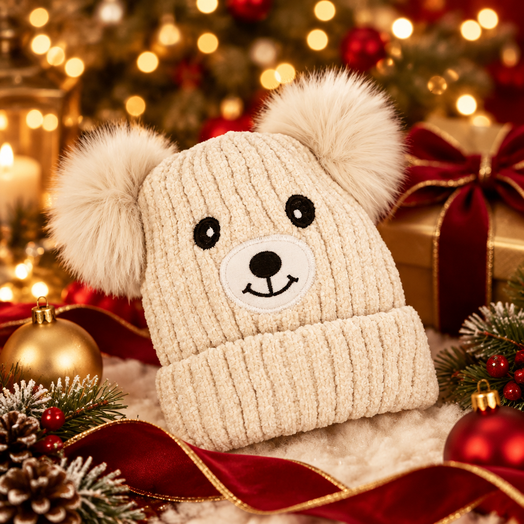 Kids Bear Pom Pom Knit Beanie