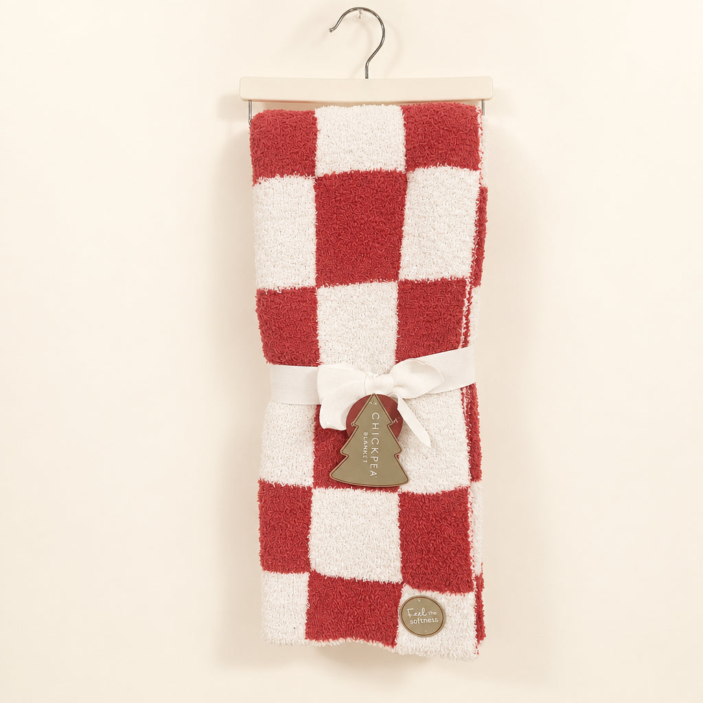 Terry Cloth Soft Checked Red & White Throw Blanket